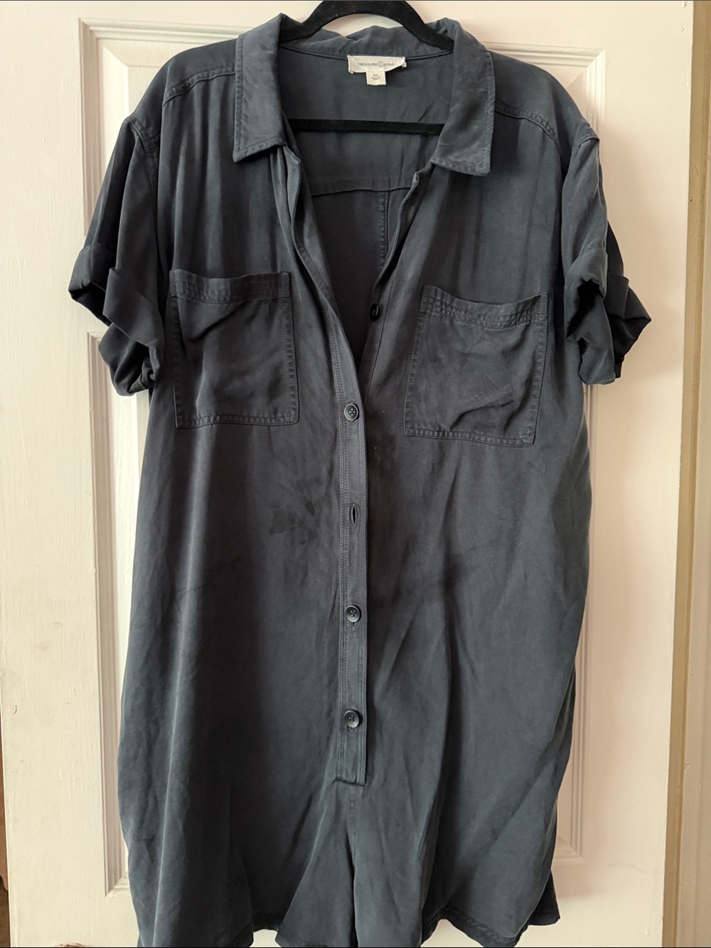 Treasure & Bond Slate Gray Short-Sleeve Button-Down Romper